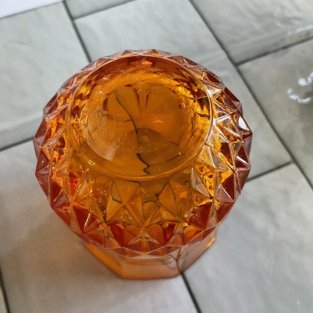 Vintage Diamond Point Faceted Shot Glasses Votive Cups Orange Black Set of 2 MCM